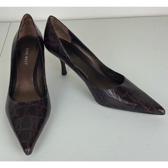 Nine West Leather Brown Crocodile Embossed Pattern Point Toe Size 7.5 - Picture 1 of 6